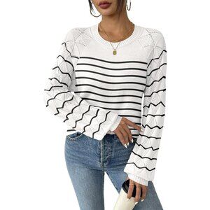 🆕Zeagoo Womens Stripe White Crew Neck Eyelet Long Sleeves Kint Pullover Sweater